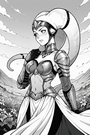 score_9, score_8_up, score_7_up, BREAK, 1girl, twi'lek, knight, fancy armor, flat color, lineart, monochrome, greyscale, 