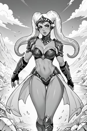 score_9, score_8_up, score_7_up, BREAK, 1girl, twi'lek, curvy, paladin, fancy armor, flat color, lineart, monochrome, greyscale, 