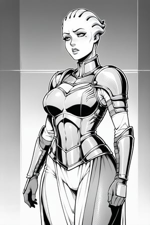 score_9, score_8_up, score_7_up, BREAK, 1girl, asari, curvy, knight, fancy armor, flat color, lineart, monochrome, greyscale, 