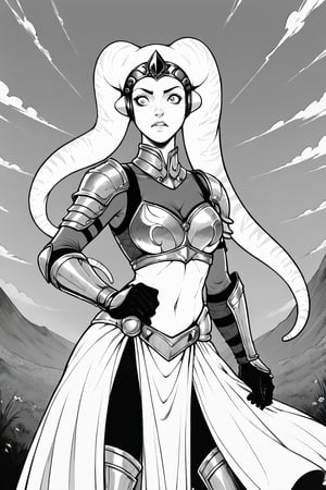 score_9, score_8_up, score_7_up, BREAK, 1girl, twi'lek, knight, fancy armor, flat color, lineart, monochrome, greyscale, 