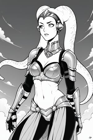 score_9, score_8_up, score_7_up, BREAK, 1girl, twi'lek, knight, fancy armor, flat color, lineart, monochrome, greyscale, 