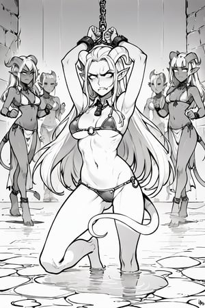 8k resolution, score_9, score_8_up, score_7_up, BREAK, flat color, lineart, monochrome, sketch, 1girl, tiefling, slave, slave bikini, collared, leashed, dancing, disgust, dungeon,