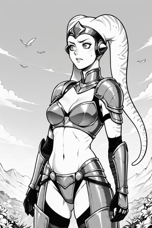 score_9, score_8_up, score_7_up, BREAK, 1girl, twi'lek, knight, heavy armor, flat color, lineart, monochrome, greyscale, 