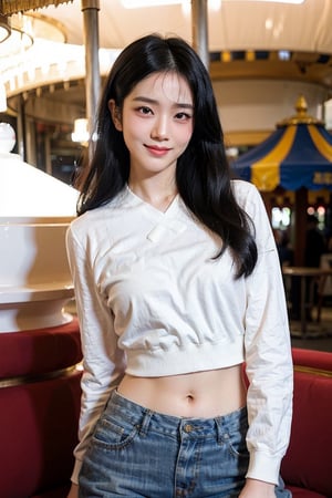 background is amusement park,
18 yo, 1 girl, beautiful chinese girl,
wearing white collared long sleeve shirts,short pants, smile,riding a merry-go-round, solo, {beautiful and detailed eyes}, dark eyes, calm expression, delicate facial features, ((model pose)), Glamor body type, (dark hair:1.2), very_long_hair, hair past hip, bangs, straight hair, flim grain, realhands, masterpiece, Best Quality, 14k, photorealistic, ultra-detailed, finely detailed, high resolution, perfect dynamic composition, beautiful detailed eyes, eye smile, ((nervous and embarrassed)), sharp-focus, full_body, cowboy_shot,