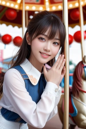 background is amusement park,
18 yo, 1 girl, beautiful chinese girl,
wearing white collared long sleeve shirts,short pants, smile,riding a merry-go-round, solo, {beautiful and detailed eyes}, dark eyes, calm expression, delicate facial features, ((model pose)), Glamor body type, (dark hair:1.2), very_long_hair, hair past hip, bangs, straight hair, flim grain, realhands, masterpiece, Best Quality, 14k, photorealistic, ultra-detailed, finely detailed, high resolution, perfect dynamic composition, beautiful detailed eyes, eye smile, ((nervous and embarrassed)), sharp-focus, full_body, cowboy_shot,