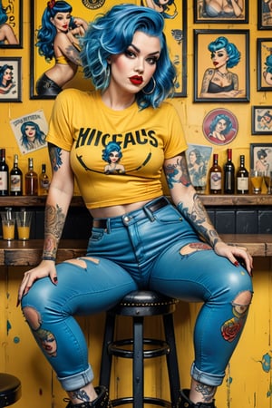 intricately drawn Pin up Poster, in the style of Daniela Uhlig, gorgeous fat Blue hair in a Yellow t-shirt and black leather pants sitting on a bar stool, patches, texture, tattoos, highly detailed, hyperdetailed painting, complex, 8K, HD