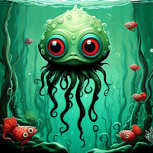 Cute blue adorable shoggoth tentacle monster creature wearing red doc martens, underwater, green tinged water, fish, Fairytale, dreamlike. Oil painting, 8k resolution. movie character render, Perfect face, detailed face, detailed background, delicate face, large round reflective eyes
, sticker, 2d cute, fantasy, dreamy, vector illustration, 2d flat, centered, by Tim Burton, professional, sleek, modern, minimalist, graphic, line art, vector graphics