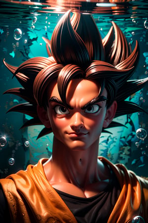 Highly detailed, High Quality, Masterpiece,beautiful, (medium short shot),1boy, solo, Son Goku from Dragon Ball,Portrait underwater, detaild, background, air bubbles. anatomy, eyes open, son goku, Dragon Ball, male focus, black eyes, looking at viewer.,perfect split lighting