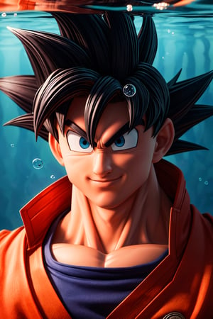 Highly detailed, High Quality, Masterpiece,beautiful, (medium short shot),1boy, solo, Son Goku from Dragon Ball,Portrait underwater, detaild, background, air bubbles. anatomy, eyes open, son goku, Dragon Ball, muscular, muscular man,closed mouth..,perfect split lighting