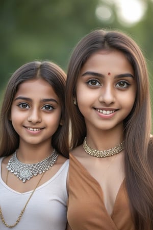 two teenager 13 girl with long hair and big eyes, looking at viewer, smile, necklace, face with ultradetailed, indian muslim, 2_gilrs, 2 different girls, 2girls, perfet body, perfect face, upper body, beautyfull face, sexy bodys, ultrarealistic, 8k, bokeh style, nude, 