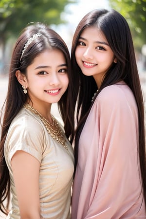 two teenager 13 girl with long hair and big eyes, looking at viewer, smile,  necklace, face with ultradetailed, indian muslim, 2_gilrs, 2 different girls, 2girls, perfet body, perfect face, full body, beautyfull face, sexy bodys,
ultrarealistic, 8k, bokeh style