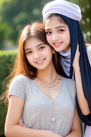 two teenager 13 girl with long hair and big eyes, looking at viewer, smile,  necklace, face with ultradetailed, indian muslim, 2_gilrs, 2 different girls, 2girls, perfet body, perfect face, full body, beautyfull face,
ultrarealistic, 8k, bokeh style