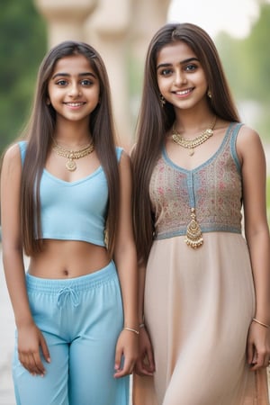 two teenager 13 girl with long hair and big eyes, looking at viewer, smile, necklace, face with ultradetailed, indian muslim, 2_gilrs, 2 different girls, 2girls, perfet body, perfect face, full body, beautyfull face, sexy bodys, ultrarealistic, 8k, bokeh style