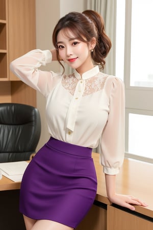 A confident Korean woman with a light complexion and striking features poses in a well-lit office setting, her short ponytail styled neatly to frame her stunning face. Her bright smile radiates warmth as she stands confidently before a white background, wearing a lace blouse and deep purple pleated skirt that accentuates her sleek legs. The full-body pose highlights her curves and elegance, showcasing her sophisticated style.