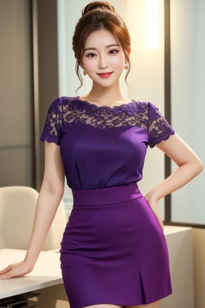 A confident Korean woman with a light complexion and striking features poses in a well-lit office setting, her short ponytail styled neatly to frame her stunning face. Her bright smile radiates warmth as she stands confidently before a white background, wearing a lace blouse and deep purple pleated skirt that accentuates her sleek legs. The full-body pose highlights her curves and elegance, showcasing her sophisticated style.