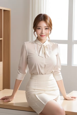 (chaming face)Stunning Korean office scene:one with light-skinned face, beautiful lips, and eyes, sporting short cut ponytail hair, styled neatly, and a bright, happy smile. Pose in well-lit office room during the day, confidently standing in front of white background, wearing lace blouse and deep  black pleated long skirt, paired elongating legs and creating sleek, sophisticated look. Full-body sit on sofa pose highlights curves and elegance.,konoha 