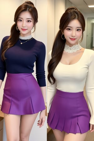 A confident Korean woman with a light complexion and striking features poses in a well-lit office setting, her short ponytail styled neatly to frame her stunning face. Her bright smile radiates warmth as she stands confidently before a white background, wearing a lace blouse and deep purple pleated skirt that accentuates her sleek legs. The full-body pose highlights her curves and elegance, showcasing her sophisticated style.