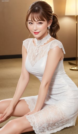 ((( full body)))(4k, 16k, masterpiece, RAW photo, best quality, detail:1.2) extremely detailed CG unity 8k wallpaper,break, light skin(extremely beautiful face, beautiful lips, beautiful eyes:1.3), (korean  girls),((( short ponytail light brown hair))), ((smile,happy face, light lips)),(((( pose is stand in the day lighting hotel)))) ((full body pose is ),(nobra ,),((white navy long lace dress)))) silver mimi necklas,high heels