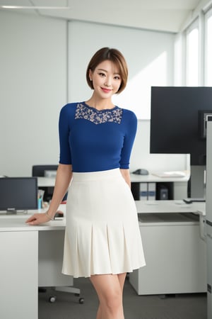 (chaming face)Stunning Korean office scene:one with light-skinned face, beautiful lips, and eyes, sporting short cut ponytail hair, styled neatly, and a bright, happy smile. Pose in well-lit office room during the day, confidently standing in front of white background, wearing lace blouse and deep blue pleated long skirt, paired elongating legs and creating sleek, sophisticated look. Full-body pose highlights curves and elegance.