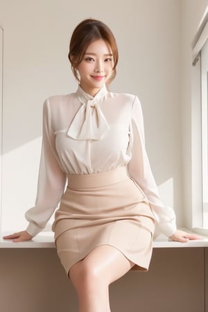 (chaming face)Stunning Korean office scene:one with light-skinned face, beautiful lips, and eyes, sporting short cut ponytail hair, styled neatly, and a bright, happy smile. Pose in well-lit office room during the day, confidently standing in front of white background, wearing lace blouse and deep  black pleated long skirt, paired elongating legs and creating sleek, sophisticated look. Full-body sit on sofa pose highlights curves and elegance.,konoha 