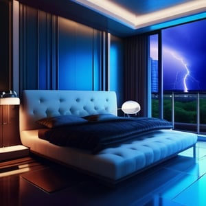  surreal bedroom with a thunderstorm outside seen in the window a tall condominium in the futuristic indian city in summer,Fine art photography style,Cinematic 