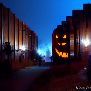 Futuristic post apocalyptic dystopian indian city street view on halloween in autumn 