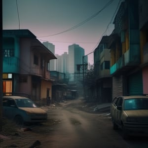 metropolitan post apocalyptic dystopian indian neighborhood street view in spring,Fine art photography style,Cinematic 