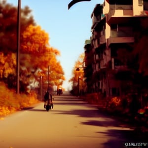 metropolitan post apocalyptic dystopian indian neighborhood street view in autumn