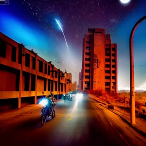 Futuristic post apocalyptic dystopian indian city street view during halloween in autumn with milky way like stars at night