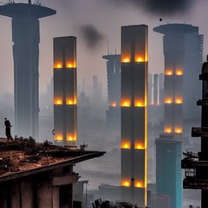 Futuristic post apocalyptic dystopian indian cityscape skyline on a gloomy autumn day