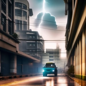 futuristic post apocalyptic dystopian indian city street view on a stormy spring day with a giant lightning bolt in the sky,Cinematic ,Fine art photography style