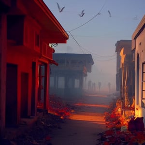 Metropolitan post apocalyptic dystopian indian neighborhood on halloween in autumn