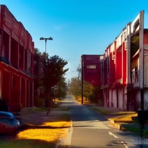 Metropolitan post apocalyptic dystopian indian neighborhood on a chilly autumn day street view with sidewalk and leaf covered road