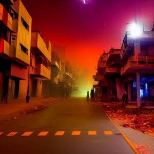 Futuristic post apocalyptic dystopian indian city street view during halloween in autumn with milky way like stars at night