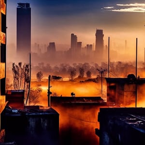 Futuristic post apocalyptic dystopian indian cityscape skyline on a chilly autumn day