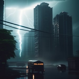 futuristic post apocalyptic dystopian indian city on a stormy spring day  with a giant lightning bolt in the sky,Fine art photography style,Cinematic 