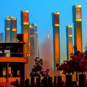 Futuristic post apocalyptic dystopian indian cityscape skyline on halloween in autumn