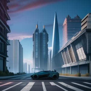 Futuristic post apocalyptic dystopian city in summer street view,Fine art photography style,Cinematic 