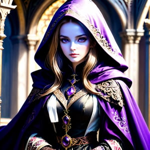 A mysterious lady wearing a long, hooded cloak with elaborate designs on the sleeves and edges. The cloak is primarily brown and seems to be made of a heavy, textured fabric. The lady has a belt with a large, ornate buckle featuring a prominent purple gem. Under the cloak, there’s visible lacing that could be part of an undergarment or armor. The hands are gloved, matching the cloak and adorned with detailed patterns echoing the sleeve designs.,scenery,APEX SUPER REAL FACE XL 