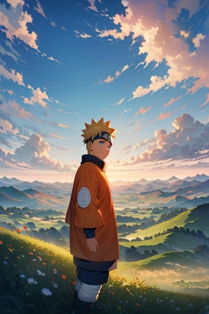 Generate an 8K AI image showcasing a young Naruto Uzumaki standing in a picturesque landscape, with a serene and peaceful atmosphere. The camera is positioned at a long distance, capturing Naruto's smiling face as he gazes out at the beauty around him. Surrounding Naruto is a tranquil scene of rolling hills, vibrant meadows, and clear blue skies dotted with fluffy clouds. The sunlight gently bathes the landscape, casting warm hues across the scene and creating a sense of calm and contentment. Ensure Naruto's expression reflects his youthful exuberance and joy, perfectly complementing the beauty of the peaceful background."






