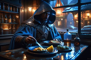 Ultra-high quality, extremely detailed, photography, glooming fantasy post-apocaliptic,  the through the rain
 outside a muted glass of the window, with dim evening backlight and smog in old tavern,
 human with plasmaheadubble of glowing neon blue flickering light under deep hood of a dark cloak cape sitting at the table with a plate of food and revolver and pump shotgun,
 realistic detailed skin texture,  (full body), giper deteiled, cinematic realism. highly detailed, extremely high quality image, HDR, Complex Details Showing Unique and Enchanting Elements, Very Detailed Digital Painting, Dramatic Lighting, Very Realistic, real photo quality, depth of field, 16K resolution, REALISTIC, Masterpiece, photorealistic,DonMW15pXL