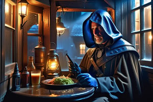 Ultra-high quality, extremely detailed, photography, glooming fantasy post-apocaliptic,  the through the rain
 outside a muted glass of the window, with dim evening backlight and smog in old tavern,
 human with plasmahead of glowing neon blue flickering light under deep hood of a dark cloak sitting at the oldstable with a plate of food and revolver and pump shotgun,
 realistic detailed skin texture,  (full body), giper deteiled, cinematic realism. highly detailed, extremely high quality image, HDR, Complex Details Showing Unique and Enchanting Elements, Very Detailed Digital Painting, Dramatic Lighting, Very Realistic, real photo quality, depth of field, 16K resolution, REALISTIC, Masterpiece, photorealistic,DonMW15pXL