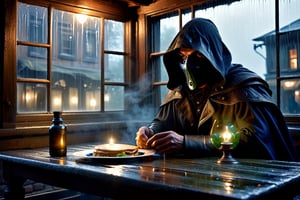 Ultra-high quality, extremely detailed, photography, glooming fantasy post-apocaliptic,
 outside a muted glass of the window, with dim evening backlight and smog in old tavern,
 man in the under Hood of dark cape sitting at the table with a plate of food and revolver and pump shotgun,
  Fullface mask by neon ghostly mirror-like liquid mercury that glowed with blue flashes and twitched with ripples under the deep hood of a dark cloak, high boots,
 realistic detailed skin texture, looking into the camera deep under hood, the through the rain (full body), giper deteiled, cinematic realism. highly detailed, extremely high quality image, HDR, Complex Details Showing Unique and Enchanting Elements, Very Detailed Digital Painting, Dramatic Lighting, Very Realistic, real photo quality, depth of field, 16K resolution, REALISTIC, Masterpiece, photorealistic,DonMW15pXL