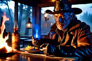 Ultra-high quality, extremely detailed, photography, glooming fantasy post-apocaliptic, the day outside a muted glass of the window, with dim evening backlight and smog in old tavern with old woods tables, a fat fat cowboy standing in front of the table pointed a shotgun at the person eating at the table mans with a plate of food with glowing neonface of flickering light under deep hood of a dark cloak and eyes glowed blue star shine,
 realistic detailed skin texture, (full body), giper deteiled, cinematic realism. highly detailed, extremely high quality image, HDR, Complex Details Showing Unique and Enchanting Elements, Very Detailed Digital Painting, Dramatic Lighting, Very Realistic, real photo quality, depth of field, 16K resolution, REALISTIC, Masterpiece, photorealistic, 