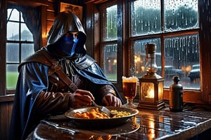 Ultra-high quality, extremely detailed, photography, glooming fantasy post-apocaliptic,
 outside a muted glass of the window, with dim evening backlight and smog in old tavern,
 man in the under Hood of dark cape sitting at the table with a plate of food and revolver and pump shotgun,
  Fullface mask by neon ghostly mirror-like liquid mercury that glowed with blue flashes and twitched with ripples under the deep hood of a dark cloak, high boots,
 realistic detailed skin texture, looking into the camera deep under hood, the through the rain (full body), giper deteiled, cinematic realism. highly detailed, extremely high quality image, HDR, Complex Details Showing Unique and Enchanting Elements, Very Detailed Digital Painting, Dramatic Lighting, Very Realistic, real photo quality, depth of field, 16K resolution, REALISTIC, Masterpiece, photorealistic,