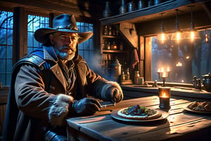 Ultra-high quality, extremely detailed, photography, glooming fantasy post-apocaliptic, the day outside a muted glass of the window, with dim evening backlight and smog in old tavern with old woods tables, thick fatty cowboy pointing shotgun a the man sitting at the oldwoodtable with a plate of food with glowing neonface of flickering light under deep hood of a dark cloak and eyes glowed blue star shine,
 realistic detailed skin texture, (full body), giper deteiled, cinematic realism. highly detailed, extremely high quality image, HDR, Complex Details Showing Unique and Enchanting Elements, Very Detailed Digital Painting, Dramatic Lighting, Very Realistic, real photo quality, depth of field, 16K resolution, REALISTIC, Masterpiece, photorealistic, 