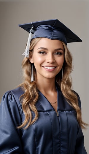 Colombian girl, grayish blonde hair (very long hair, curly hair), dressed completely in graduation gown and dark blue graduation cap, posing holding a diploma in her hands and smiling black shoes, accessories (necklace, earrings), , Best quality , 32k, photorealistic, ultra detailed, finely detailed, high resolution, perfect dynamic composition, beautiful detailed eyes, sharp focus, cowboy_shot,