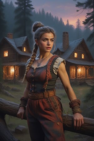 portrait of a Lumberjack woman with huge beautiful braid, wearing tight-fitting outfit, intricate action pose, Oil paint, ancient, illuminated by the light of twilight, with a backdrop of a big oldest house and ancient forest., Mysterious, brilliant art by Allan Jabbar, Yann Dalon, Toni Infante, Amr Elshamy,