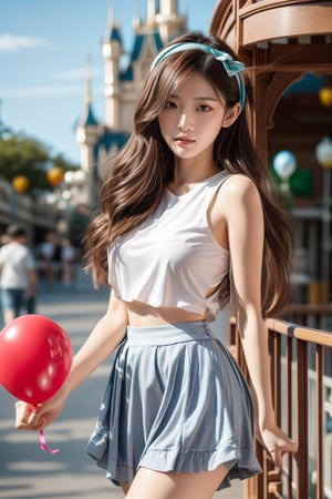 16 yo,cute girl,permed hair,hairband,wearing short top and short skirt,sneakers,smile,Disneyland,holding a balloon,Best Quality, 32k, photorealistic, ultra-detailed, finely detailed, high resolution, perfect dynamic composition, beautiful detailed eyes, sharp-focus, cowboy_shot,Asia