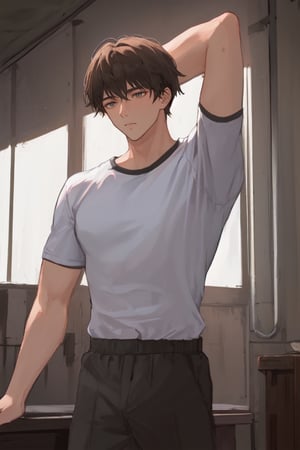 masterpiece, best quality, boy, solo, male, shirt, arm_support, robust